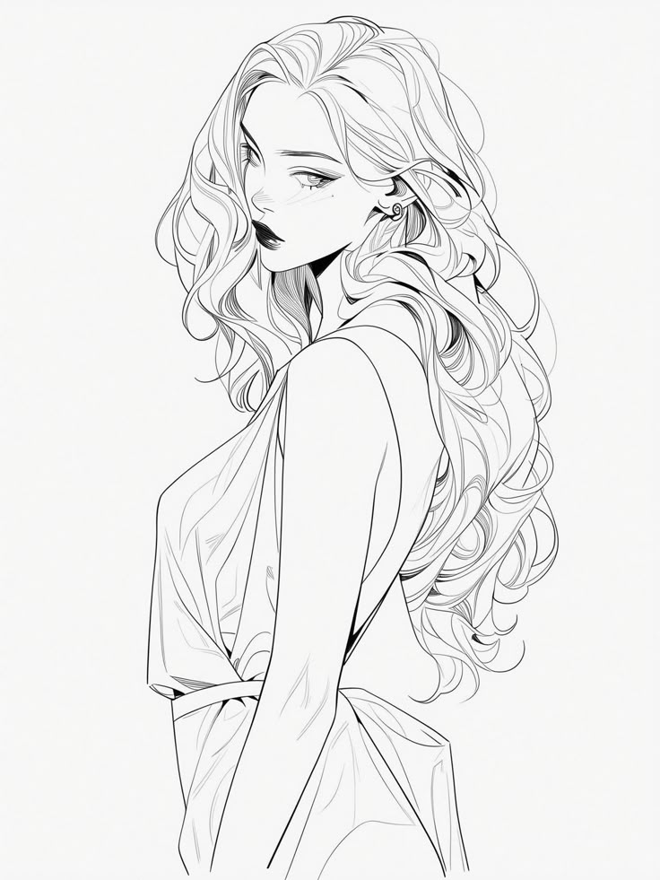 Elegant sketch of a woman with long, wavy hair wearing a draped dress, showcasing artistic beauty and style.
