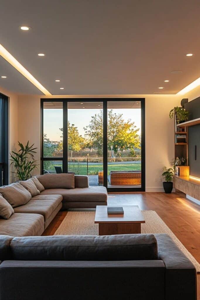 Modern living room with large windows, gray sectional sofa, and wooden accents overlooking a serene outdoor view.