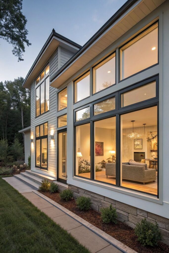 Modern home exterior with large windows, evening lighting, and a cozy living area visible inside.