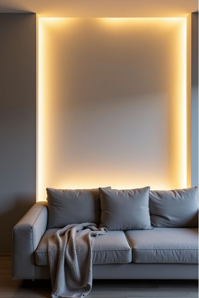 Modern living room featuring a cozy gray sofa with a blanket, framed by warm ambient lighting.