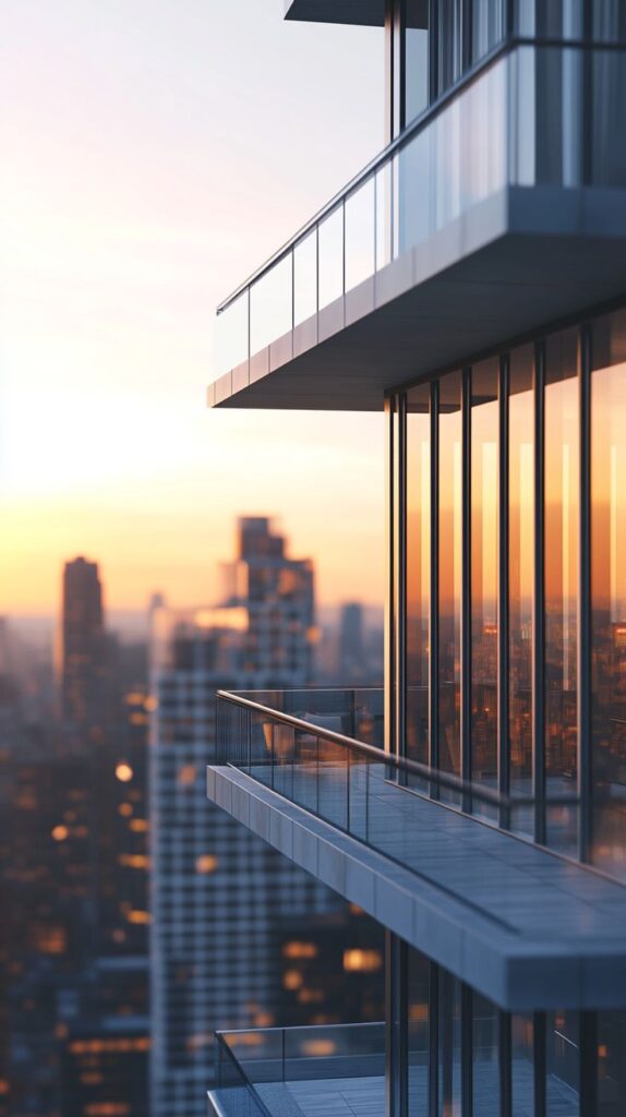Modern glass skyscraper balcony at sunset with a cityscape background.
