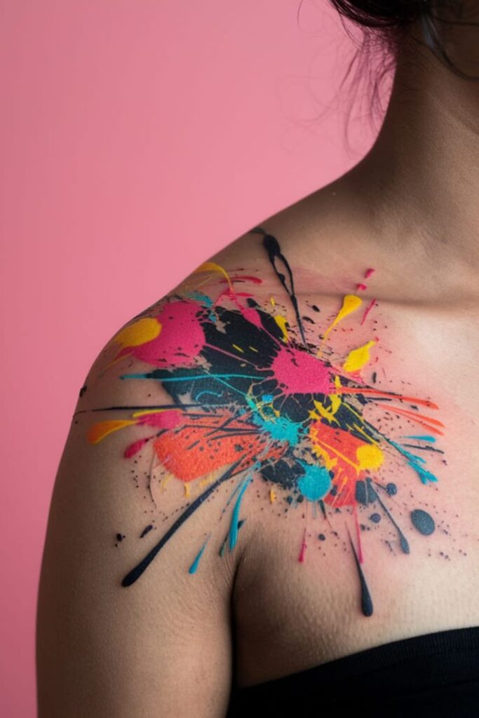 Colorful splash tattoo on shoulder with pink background, vibrant abstract ink art design, modern tattoo inspiration.