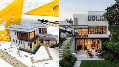 Architectural plans with a 3D model next to a contemporary house design.