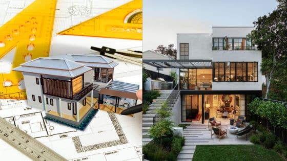 Viewing Deck Blog 1 Architectural plans with a 3D model next to a contemporary house design. | Sky Rye Design Architectural plans with a 3D model next to a contemporary house design.