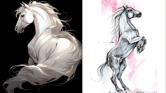 Viewing Deck Blog 1 Illustrated majestic white horses, one digital and one sketch, set against contrasting backgrounds. | Sky Rye Design Illustrated majestic white horses, one digital and one sketch, set against contrasting backgrounds.
