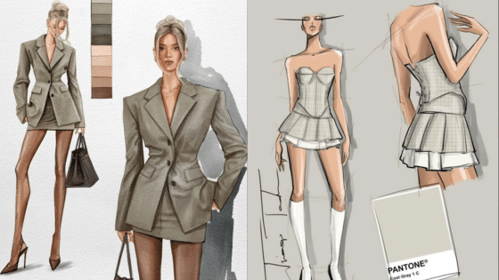Fashion sketches of two women in stylish outfits, showcasing modern designs with neutral tones and chic details.
