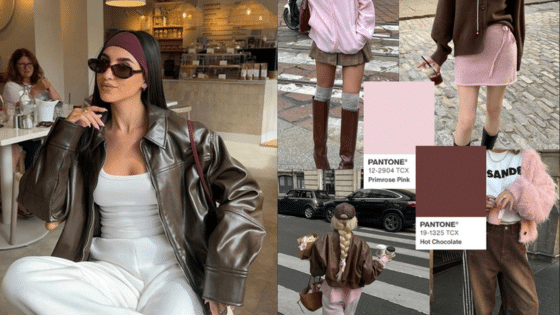 Fashionable woman in a dark leather jacket and white outfit, next to a pink and brown style color palette inspiration.