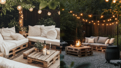 Cozy outdoor patio with pallet furniture, string lights, and a fire pit, perfect for evening relaxation.