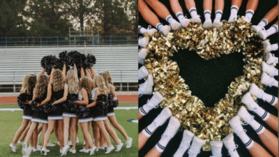 Cheerleading team forms a circle with pom-poms, creating a heart shape, showcasing unity and spirit on the field.
