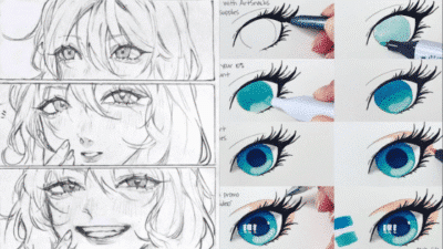 Anime eye drawing tutorial: step-by-step guide from sketch to final colored artwork.