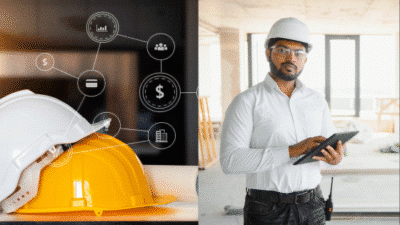 Construction manager with hard hats and tablet, analyzing project data on site for building efficiency.
