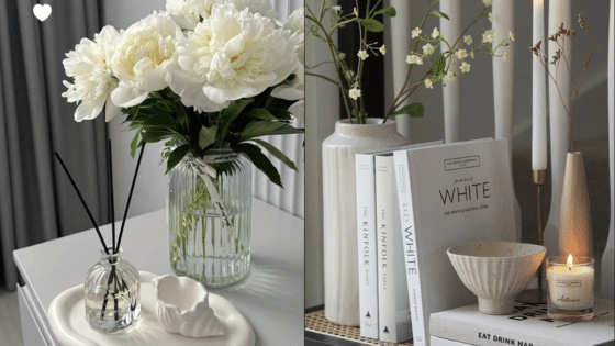 Viewing Deck Blog 1 Elegant white decor featuring peonies, books, scented candles, and reed diffusers in a minimalist style. | Sky Rye Design Elegant white decor featuring peonies, books, scented candles, and reed diffusers in a minimalist style.