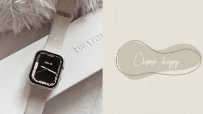 Smartwatch on box, fluffy pillow background. Motivational quote: Choose happy on beige abstract shape.