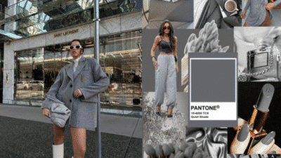 Fashionable woman in a gray oversized blazer and sunglasses outside Saint Laurent. Mood board with Pantone gray theme.