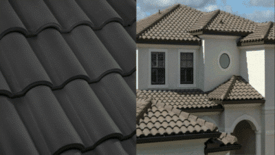Close-up of black roof tiles and a house with beige roof tiles under a blue sky.