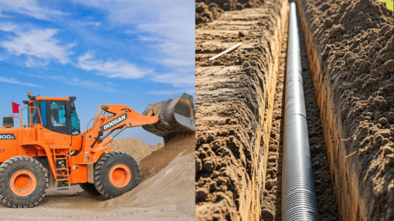 Bulldozer moving sand next to a trench with a newly installed pipe on a construction site under a blue sky.