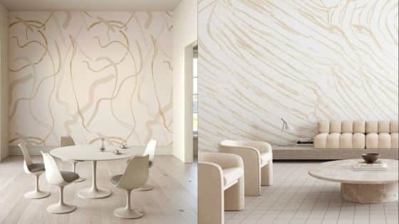 Viewing Deck Blog 10 Modern minimalist interiors with abstract wall patterns, round tables, and beige seating. Elegant and stylish decor. | Sky Rye Design Modern minimalist interiors with abstract wall patterns, round tables, and beige seating. Elegant and stylish decor.