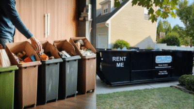 Organized recycling bins indoors; outdoor rental dumpster near house for waste management services.