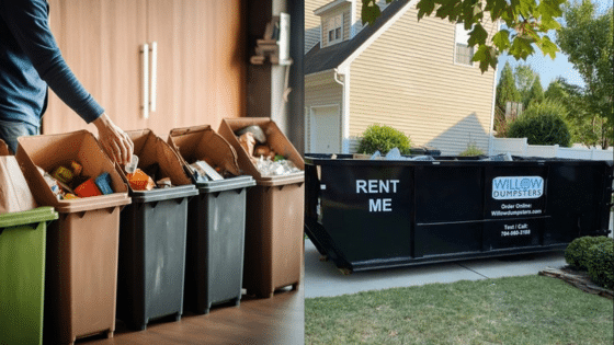 Viewing Deck Blog 11 Organized recycling bins indoors; outdoor rental dumpster near house for waste management services. | Sky Rye Design Organized recycling bins indoors; outdoor rental dumpster near house for waste management services.