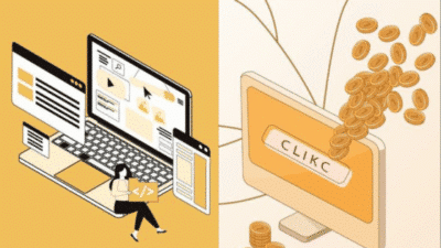Illustration of a person coding on a laptop and coins emerging from a computer labeled CLICK, symbolizing online earnings.