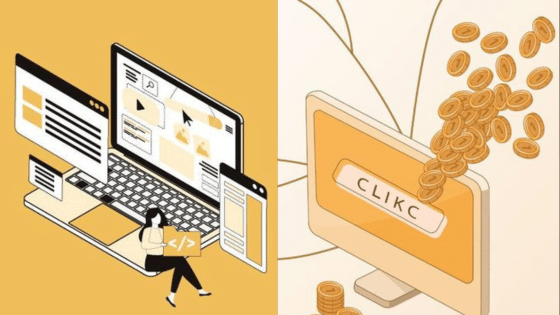 Viewing Deck Blog 11 Illustration of a person coding on a laptop and coins emerging from a computer labeled CLICK, symbolizing online earnings. | Sky Rye Design Illustration of a person coding on a laptop and coins emerging from a computer labeled CLICK, symbolizing online earnings.