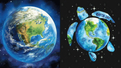 Earth image and a turtle design for Earth Day, featuring April 22 date and North America map.