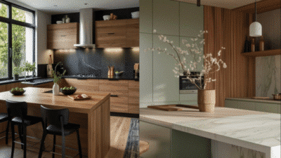 Modern kitchen design with wood cabinetry, marble countertops, and stylish decor accents.