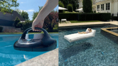 Robotic pool cleaner in action, and a person relaxing on a float. Luxurious backyard pool setting.
