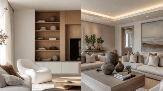 Viewing Deck Blog 12 Modern living room with neutral decor, featuring cozy seating, wooden shelves, and soft lighting. | Sky Rye Design Modern living room with neutral decor, featuring cozy seating, wooden shelves, and soft lighting.