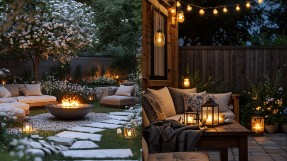 Cozy outdoor patio with string lights, fire pit, and comfortable seating perfect for a relaxing evening.