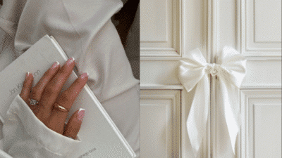 Chic minimalist aesthetic: elegant hand with book and French manicure, ornate white door with large ribbon bow.