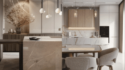 Modern kitchen interiors with marble countertops, elegant lighting, and minimalistic decor elements.