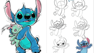 Cartoon alien character holding a doll with sketch and color steps shown on the side.