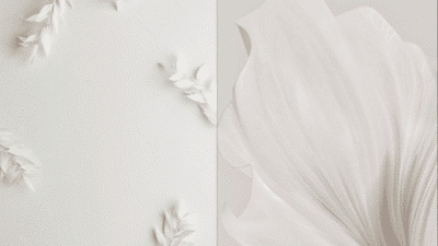 Minimalist design with soft white leaves and abstract shapes on a neutral background, perfect for stylish decor.