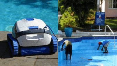 Robotic and manual pool cleaning: machine and workers maintain a pristine swimming pool environment.
