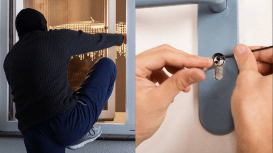 Burglar attempting window entry and lock picking, highlighting home security vulnerabilities and break-in prevention.