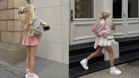 Viewing Deck Blog 15 Fashionable woman in stylish skirts and sneakers, holding coffee and bouquet, walking in urban setting. | Sky Rye Design Fashionable woman in stylish skirts and sneakers, holding coffee and bouquet, walking in urban setting.