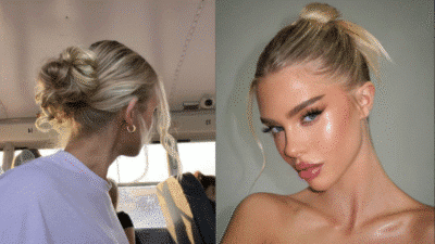 Blonde woman with bun hairstyle on bus, and with sleek updo and makeup in studio setting, highlighting transformation.