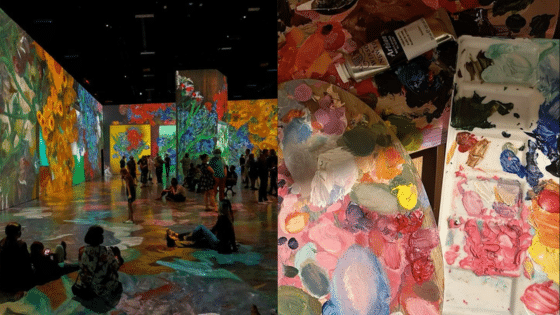 Viewing Deck Blog 18 Interactive art exhibition with visitors and vibrant paint palettes, featuring immersive floral and abstract wall projections. | Sky Rye Design Interactive art exhibition with visitors and vibrant paint palettes, featuring immersive floral and abstract wall projections.