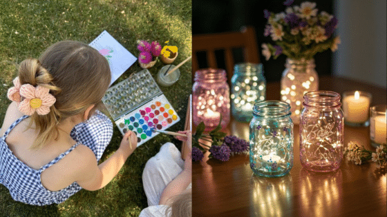 Child painting outdoors and lit mason jars on table with candles, creating a cozy and artistic atmosphere.