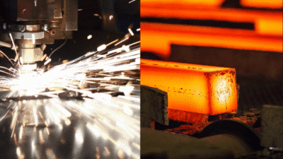 Industrial laser cutting metal and hot steel bars, showcasing modern manufacturing and metalworking processes.