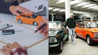 Two images: one shows signing a car lease with a toy car; the other shows a person with classic cars in a showroom.