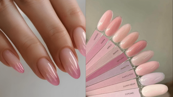 Gradient pink almond nails next to a selection of pink gel polish swatches, showcasing elegant nail art choices.