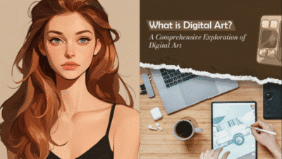 Animated woman and digital art workspace with laptop and tablet sketch; exploring digital art concepts.