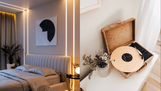 Viewing Deck Blog 2 Modern bedroom with LED lights and abstract art; vintage record player with flowers on white table. | Sky Rye Design Modern bedroom with LED lights and abstract art; vintage record player with flowers on white table.