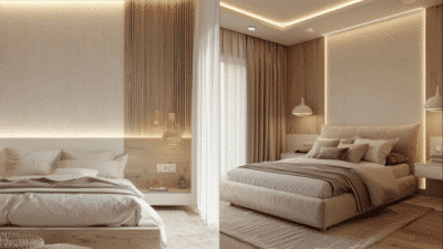 Modern bedroom with soft lighting, neutral tones, large bed, and decorative wall design. Cozy and elegant ambiance.