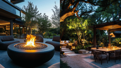 Modern patio with fire pit and outdoor dining area at sunset, surrounded by lush greenery and ambient lighting.