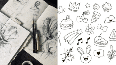 Pencil sketches of flowers and portrait beside doodles of food, nature, and fun icons on a split canvas background.
