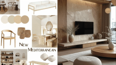 New Mediterranean interior design collage with neutral colors, modern furniture, and natural textures.