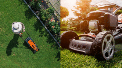 Person mowing a lawn with an orange mower and a close-up of mower wheels on green grass, under sunny sky.